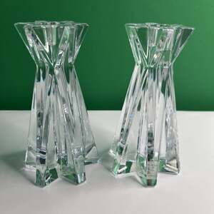 Vtg Pair Lenox Ovations Starfire Crystal Candlestick Holders Geometric Star Cut